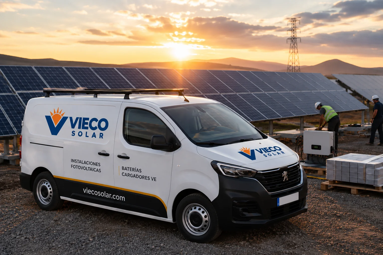 Imagen ilustrativa de una furgoneta con la identidad de Vieco Solar junto a paneles solares