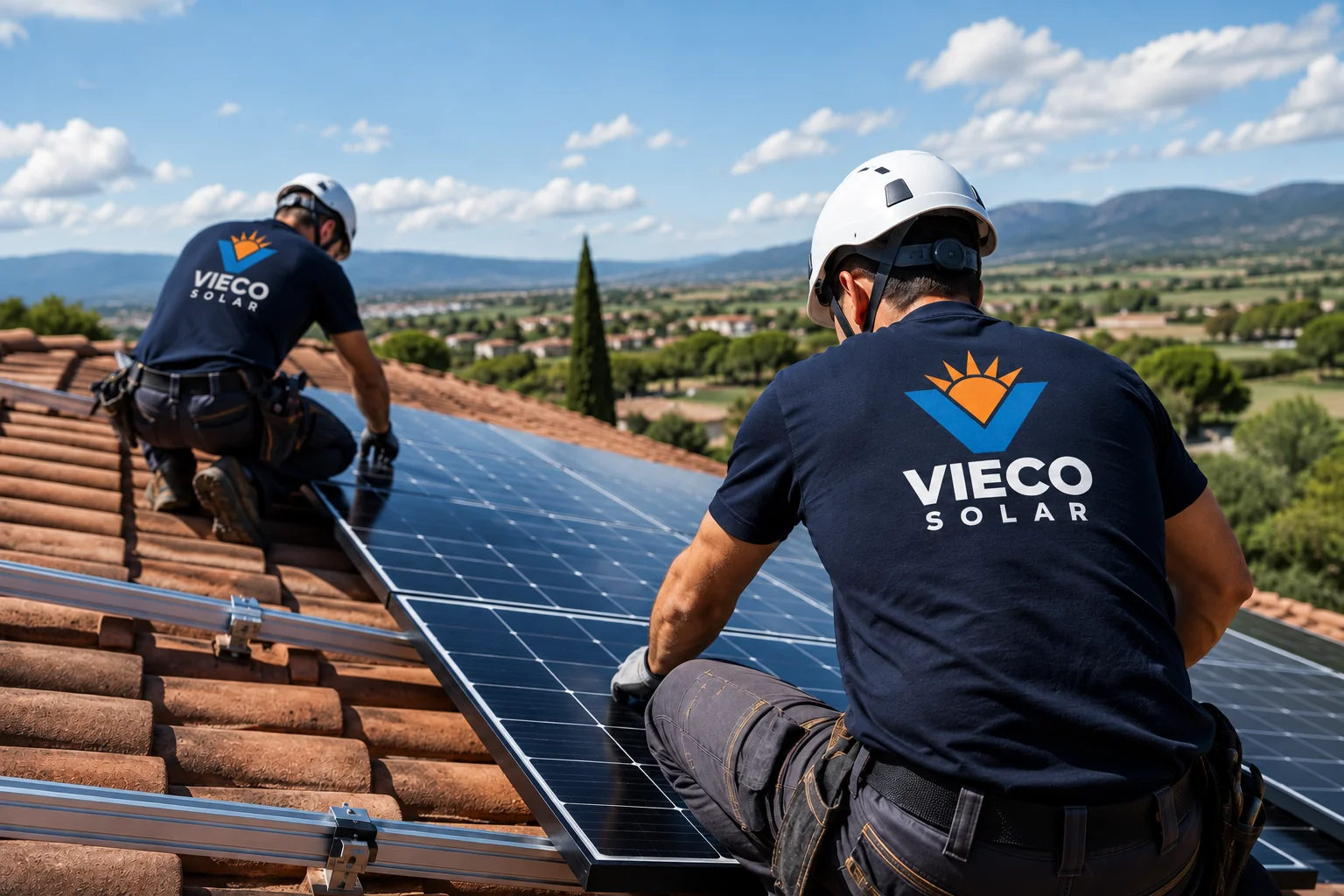 Imagen ilustrativa de instaladores con la nueva identidad de Vieco Solar