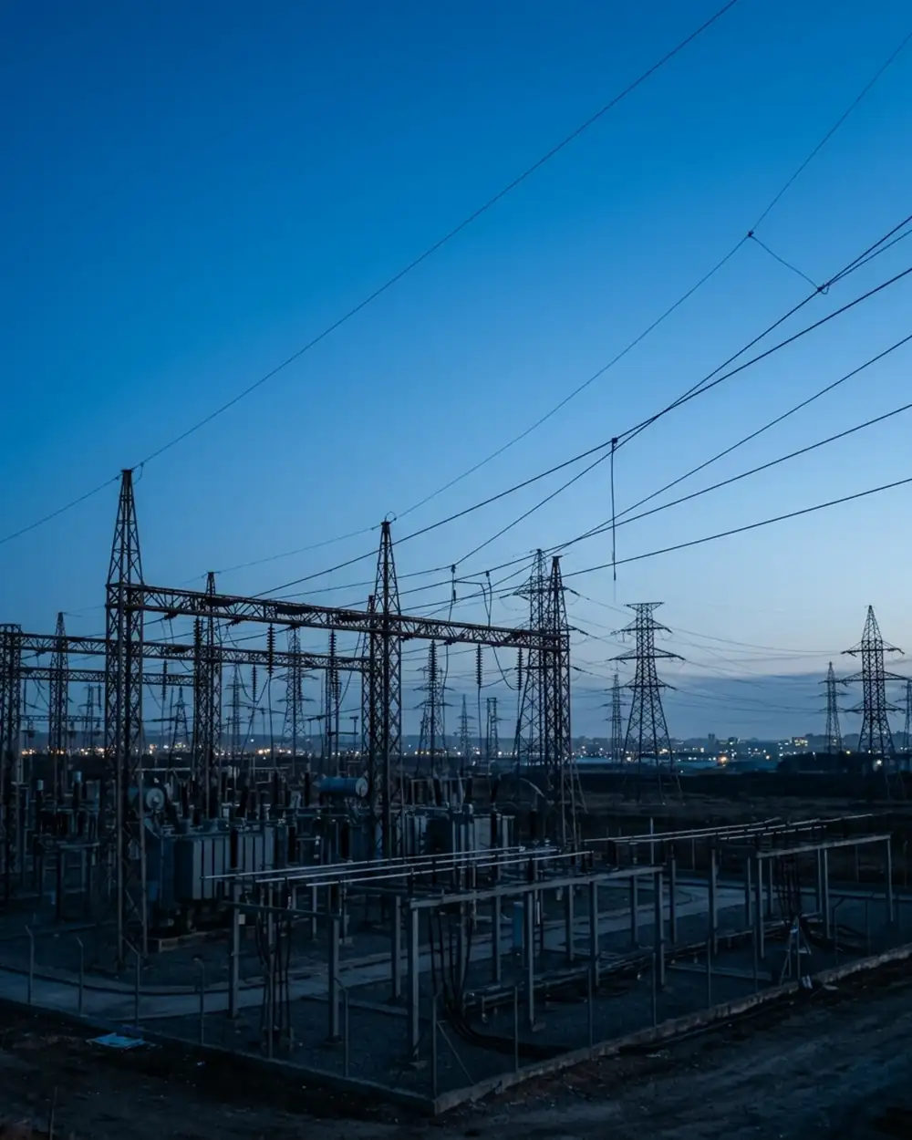 Infraestructura de red eléctrica recortada contra un cielo de hora azul